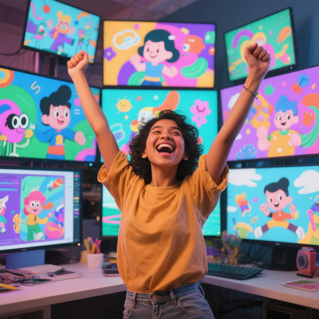 Happy creator celebrating successful animation